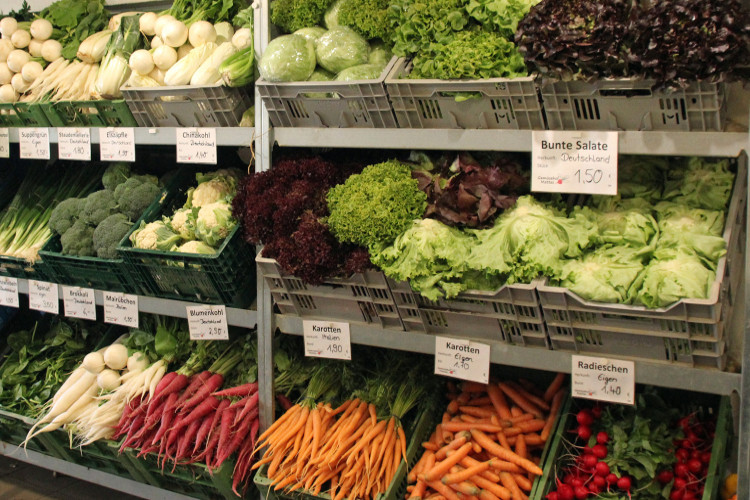 Regale mit buntem Gemüse wie Karotten, Radieschen, Salat und Brokkoli in einem Supermarkt.
